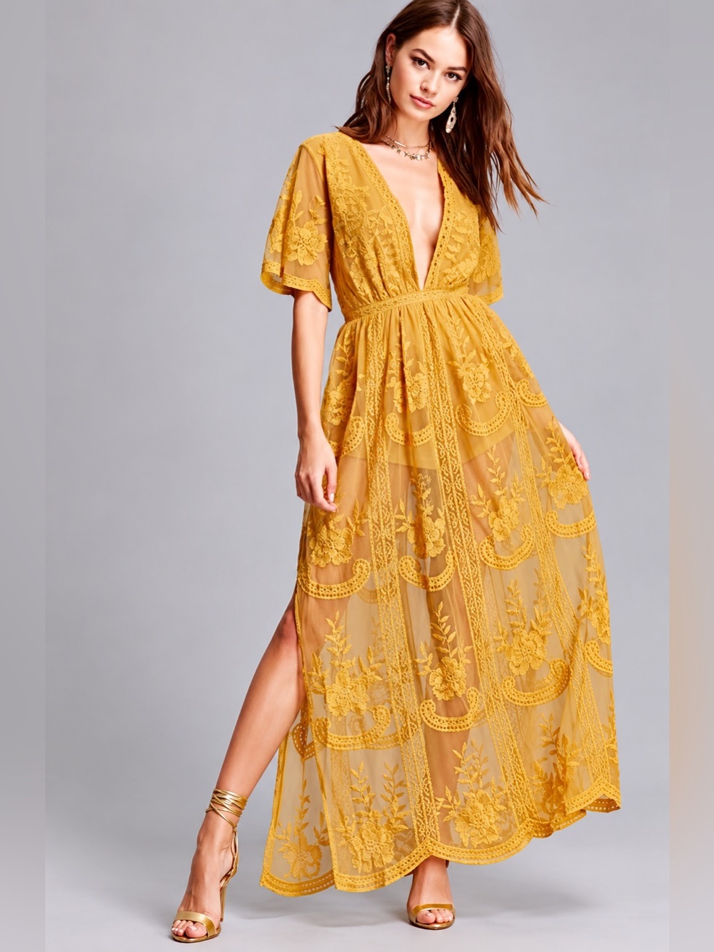 Honey Punch Lace Boho Chic Maxi Romper Golden Yellow Deep V-neck Flutter Sleeves